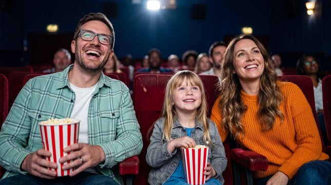 Family enjoys movie night together in a theater with popcorn in hands while watching the screen