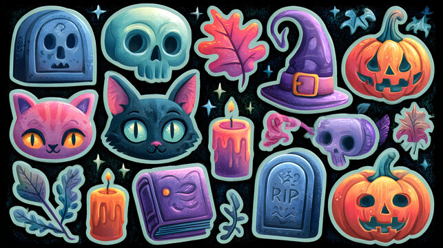 Cute halloween sticker assortment with black cat pumpkins skulls, witch hat
