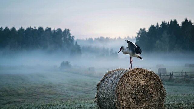 Slow motion tracking shot of stork landing and standing on hay bale in foggy rural field at dawn with soft blue gray light and misty atmosphere