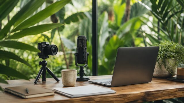 Content creator workspace with camera and microphone