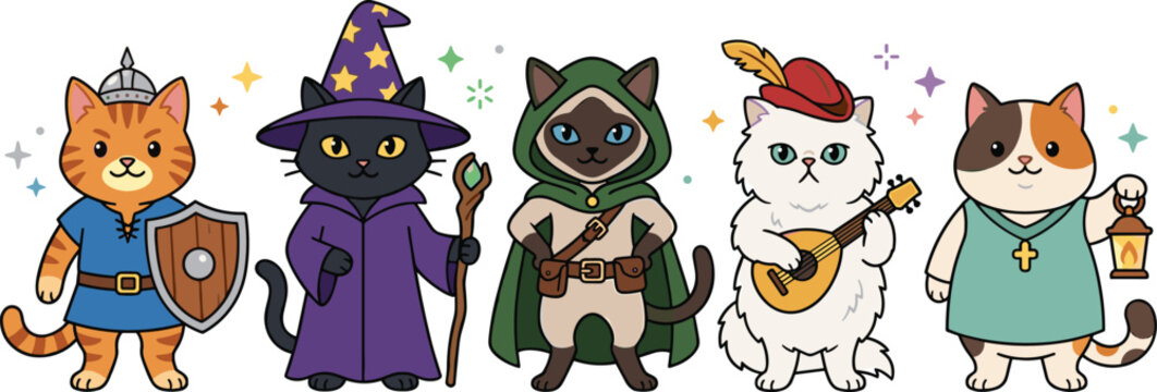 Fantasy cat character collection featuring wizard bard adventurer and medieval cartoon feline illustrations