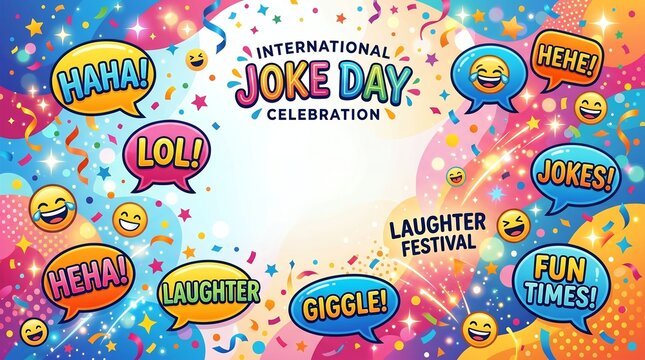 International Joke Day celebration background, colorful laughter festival atmosphere, floating comic speech bubbles with HAHA and LOL text, cheerful confetti explosion