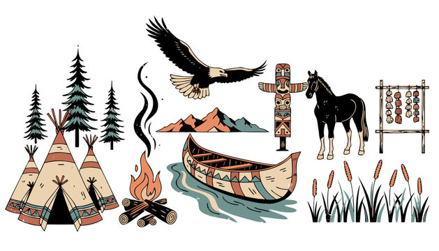 Tipi Camp Landscape Scene Flat Vector Illustration Vintage Native American Heritage Stamps Set with Painted Tipis Campfire Pine Trees and Soaring Eagle Isolated Collection for Marketing Packaging and