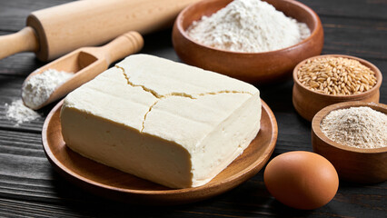 Fototapeta premium Cooking ingredients on a wooden table with flour, egg, and blocks of tofu ready for meal preparation