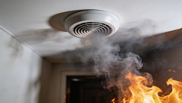 Fire in building causes smoke to rise from ceiling vent while flames spread