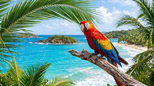 Tracking pan of scarlet macaw parrot perched on branch overlooking turquoise ocean and sandy tropical island beach with palm trees in bright day time