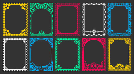 Obraz premium Mexican frames with vibrant floral pattern, latino folk motifs, vector posters, ethnic background. Colorful flower border design for Day of the Dead party cards, festive invites with skull, candles