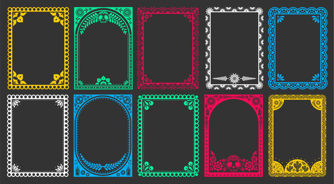 Mexican frames with vibrant floral pattern, latino folk motifs, vector posters, ethnic background. Colorful flower border design for Day of the Dead party cards, festive invites with skull, candles