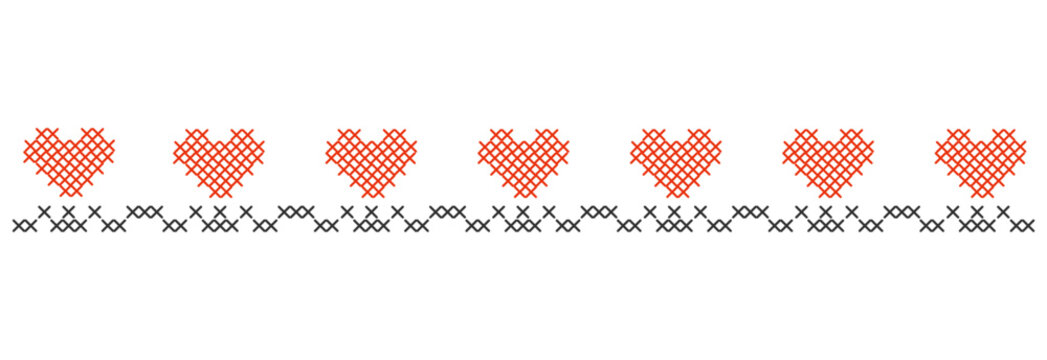 Cross stitch repeating heart trims and folk horizontal samplers. Whimsical embroidery needlework design for cottagecore wedding invitations, valentines day graphics, decorative nursery art