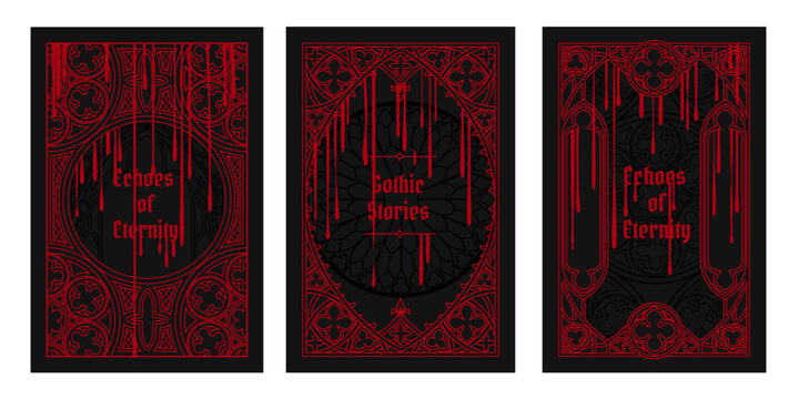 Gothic frames with ornate medieval patterns and dripping blood, vintage decorative borders. Elegant vector design for halloween invitation cards, vampire book covers with circle tracery ornament