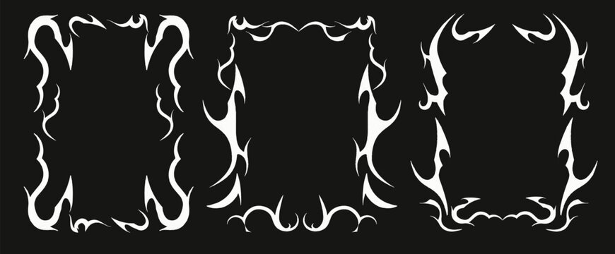 Gothic tribal frame set with sharp spikes and chrome flames isolated on black background. Vector realistic illustration of y2k cyber ornament border, tattoo graphic designs, dark fantasy projects
