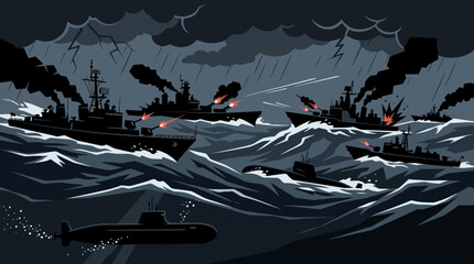 Military Naval Battle in Stormy Ocean War Illustration © Elsandro