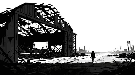 Fototapeta premium Lone Survivor Standing Near Destroyed Building After War Illustration