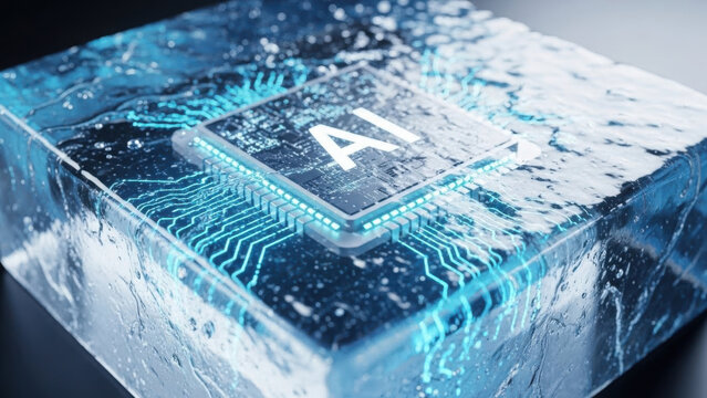 Futuristic AI chip emerging from a block of ice with glowing blue circuit patterns and water.