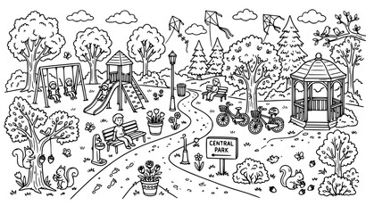 Fototapeta premium Black and White Park Objects Doodle Set with Nature and Recreation Elements