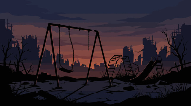 Abandoned Playground Swing in Post War City Illustration
