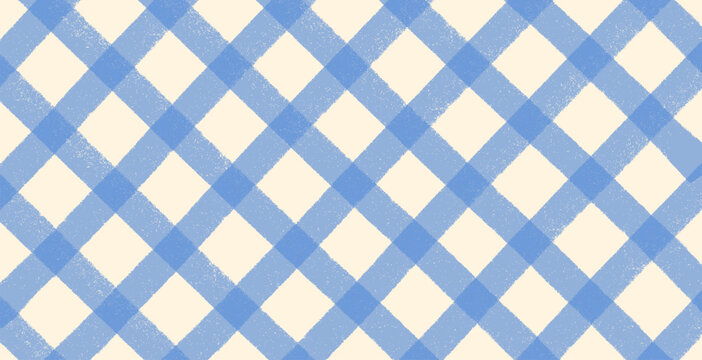 Cornflower blue checkered pattern background with painterly texture. A charming cottagecore backdrop for seaside dining branding, handmade textile crafts, rustic country aesthetic layouts. Vector.
