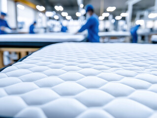 Obraz premium Mattress factory interior bed textile quilted white production assembly worker manufacturing blur industrial workshop production line upholstery fabric padding cushion comfort sleep hygiene