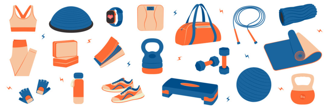 Flat vector icon set of gym and fitness equipment. Modern sports gear, training clothes, and workout accessories isolated on white background. Perfect for active lifestyle web and print design.