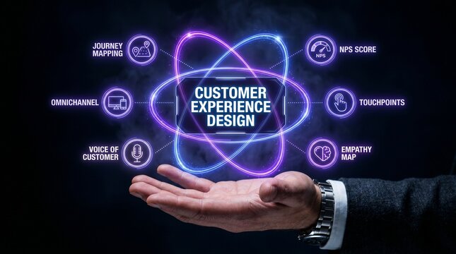 Customer experience design concept with glowing purple and blue atom