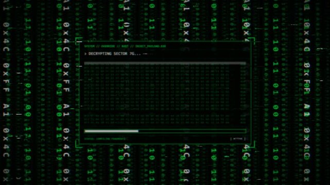 Glitching hacker terminal binary data storm cyber code green