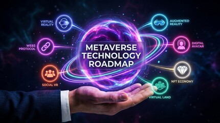 Fototapeta premium Metaverse technology roadmap concept with hand holding glowing purple planet