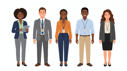 Fototapeta premium Diverse team of professional office employees and business staff with ID badges, standing in business casual attire, vector illustration.