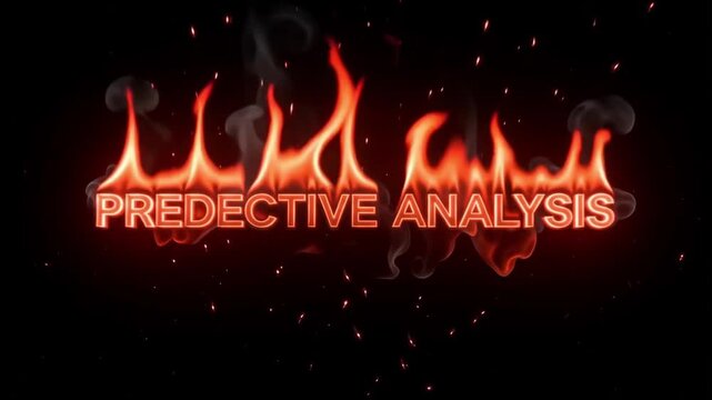 Predictive analysis text glowing with intense orange flames and rising grey smoke particles in this creative motion animation video clip, featuring a high contrast black background that emphasizes the