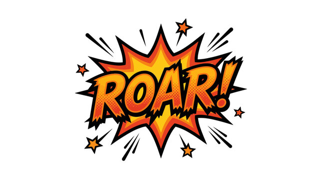 Vibrant vector graphic illustration featuring the word roar styled as a colorful comic book explosion with dynamic orange halftone patterns