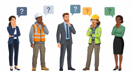 Obraz premium Diverse professional people in business and industrial attire thinking with question mark speech bubbles, flat vector illustration.