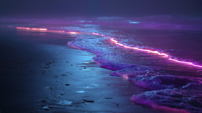 Moody twilight beach with glowing pink and blue neon tide line