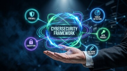 Fototapeta premium A hand presenting a cybersecurity framework with icons and glowing lines