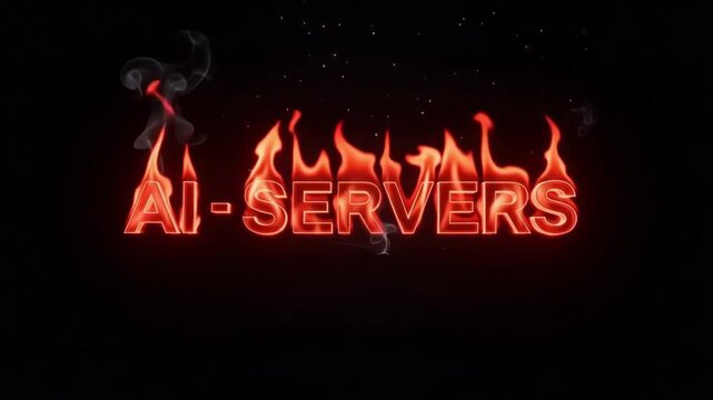 Ai-servers lettering engulfed in intense glowing orange flames with cinematic smoke and digital glitch distortion effects creating a high energy motion graphic animation sequence suitable for technolo
