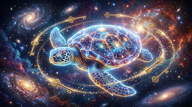 A celestial sea turtle with a glowing zodiac shell swimming in deep space, surrounded by a circular trail of floating antique golden keys