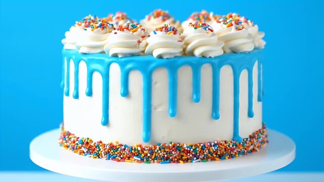 Birthday cake with blue icing drip and colorful sprinkles