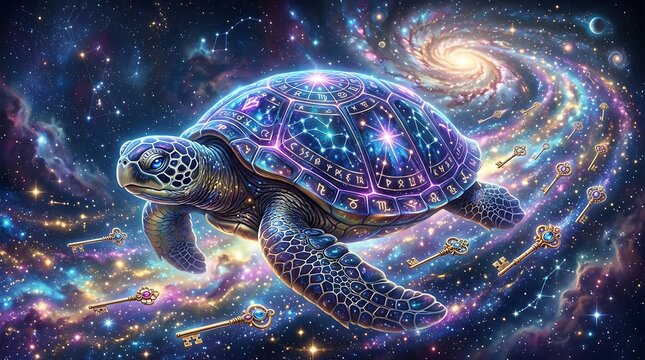 A cosmic sea turtle with a shell etched with glowing star charts and zodiac symbols swimming through a spiral galaxy with golden keys