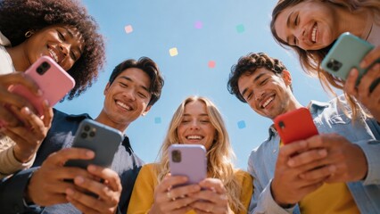 Obraz premium Friends using colorful smartphones outdoors