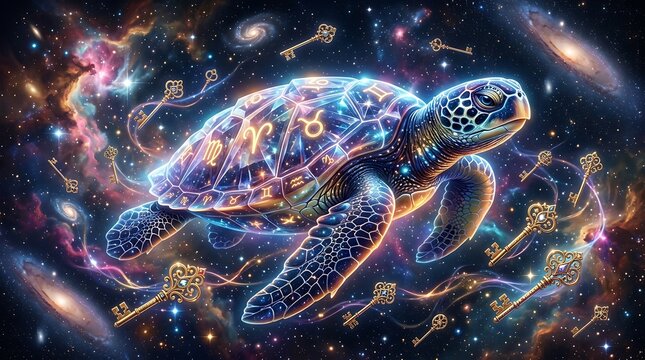 A cosmic sea turtle with a shell marked by golden zodiac symbols swimming through a nebula, surrounded by floating antique golden skeleton keys