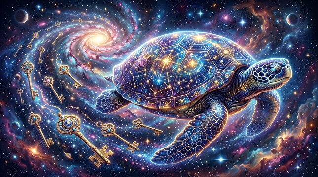 A glowing sea turtle with a celestial shell swimming through a swirling nebula, surrounded by a trail of floating ornate golden skeleton keys