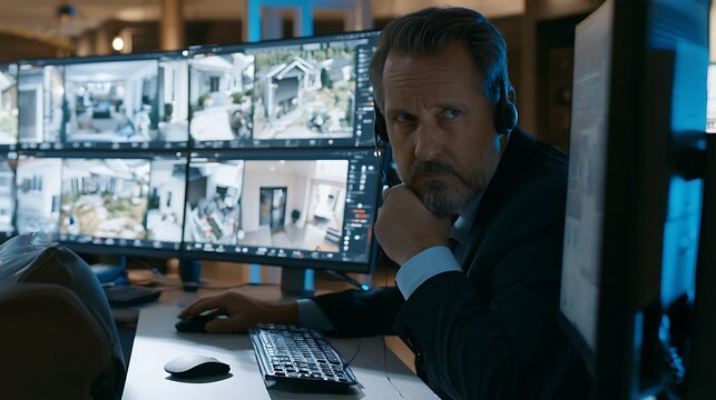 Man sitting at desk with multiple computer screens displaying security footage.