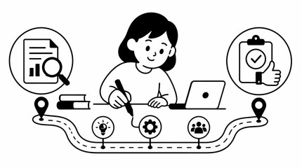 Naklejka premium Woman working on laptop with icons and symbols around her.