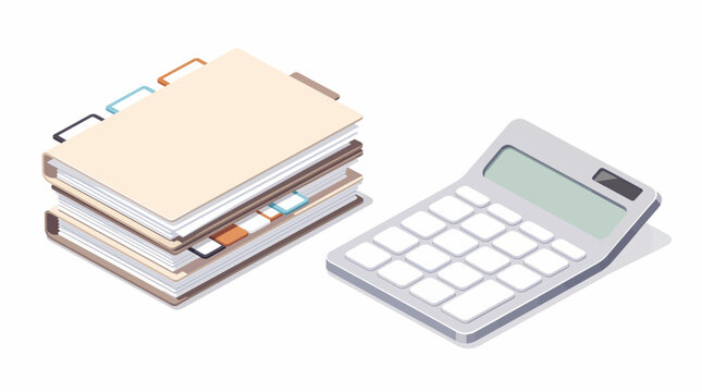 Business accounting essentials presented in a clean isometric 2.5D illustration, highlighting organized documents and a calculator for financial analysis