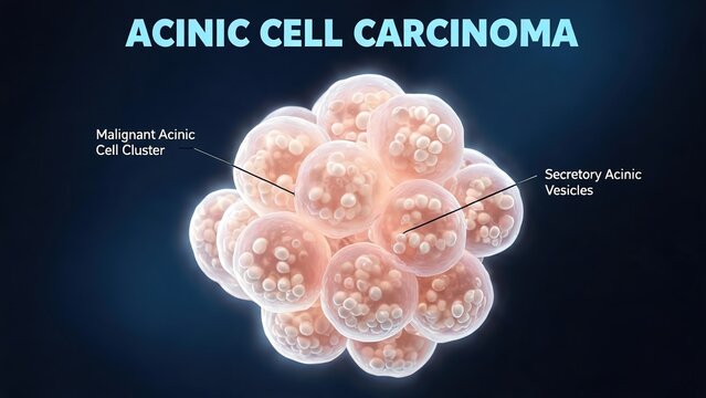 Labeled 3D Medical Microscopic Render of Acinic Cell Carcinoma Tumor Cluster, Translucent Pale Pink Malignant Acinic Cells with Visible Secretory Vesicles, Text Pointer Annotations and Light Blue Head