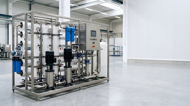 industrial reverse osmosis water treatment skid system installed within modern manufacturing facility environment