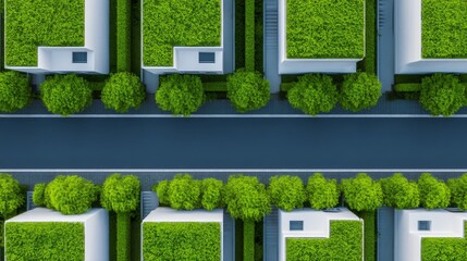 Fototapeta premium aerial view of clean sustainable city, green rooftops urban trees bike lanes, pollution prevention through smart planning, high resolution drone photography, realistic color grading
