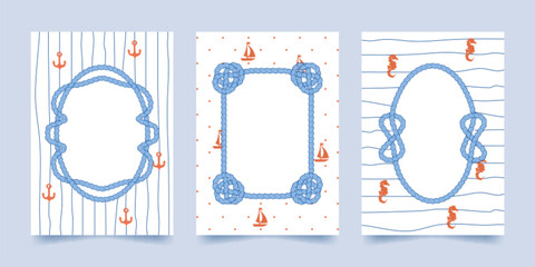Maritime rope frame with vintage nautical border and blue background with dotted or line pattern, cartoon vector posters. Ocean or sea card design with sailor knots, sailboat, anchor, and seahorse © klyaksun