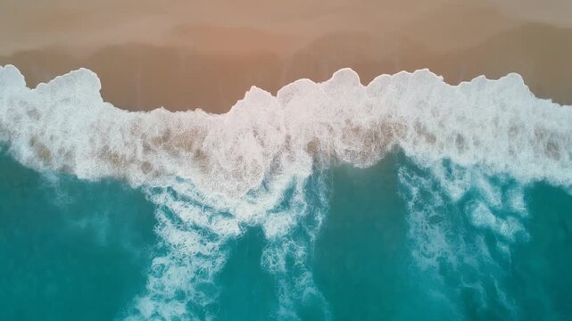 A stunning top-down aerial shot of vibrant turquoise sea waves rolling and crashing with white foam onto a pristine sandy coastline.