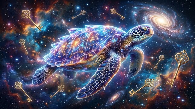 A sea turtle with a shell featuring zodiac signs swimming through a vibrant nebula, surrounded by floating ornate golden skeleton keys
