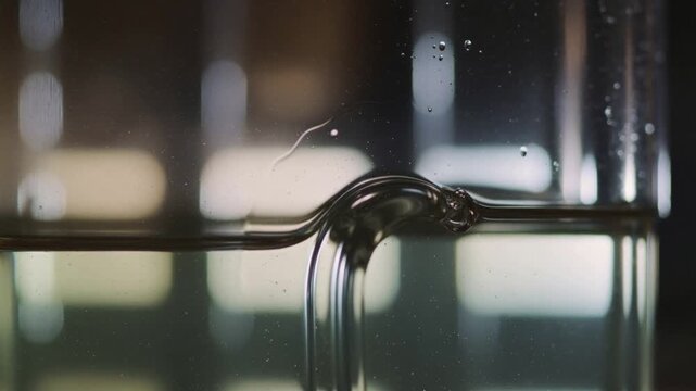 Coolant meniscus curving against the glass wall of an immersion tank