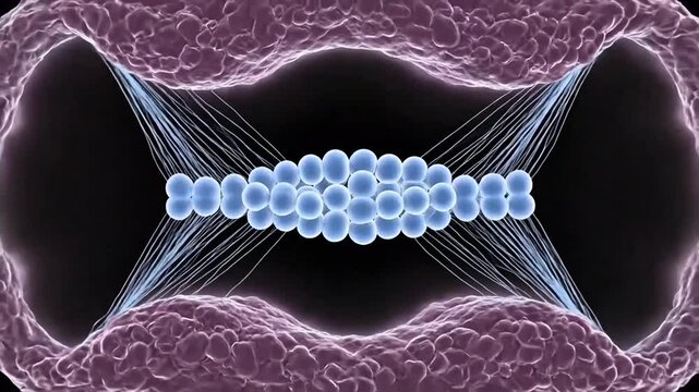Microscopic animation of mitosis cell division separating blue chromosomes, biotechnology explainer and genetic research concept